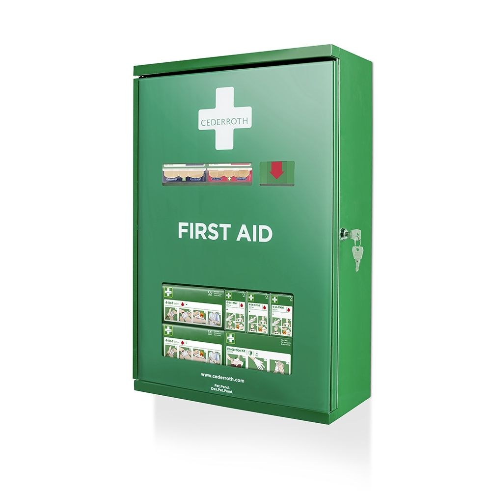 Groene EHBO-kast met gesloten deur, wit kruis en Cederroth-logo.