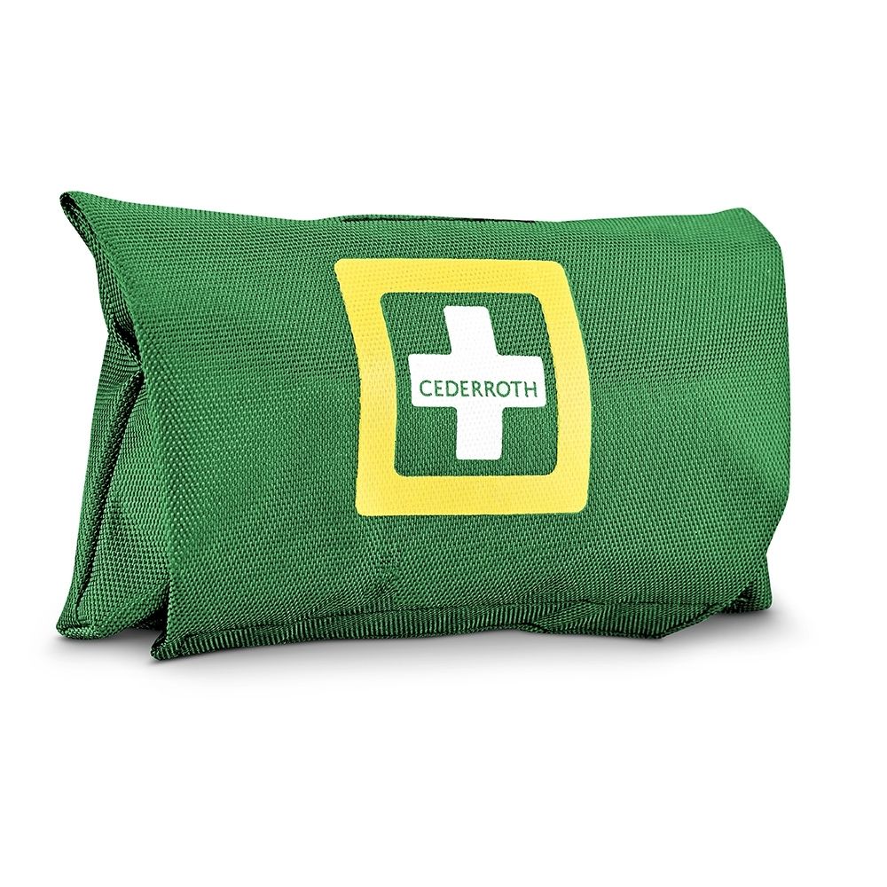 Trousse de premiers secours verte avec étiquette blanche, logo Cederroth et mention 'First Aid Kit SMALL'.