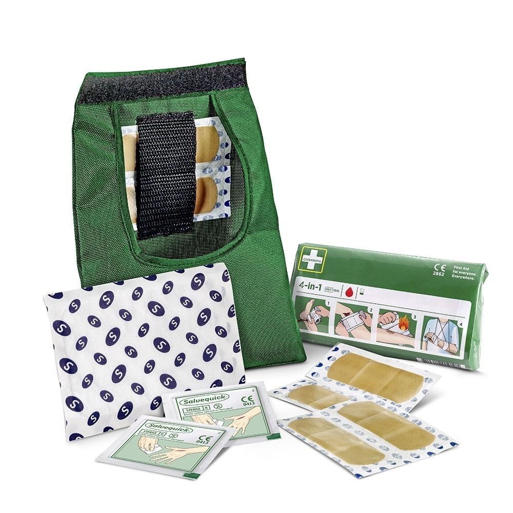 Trousse de premiers secours verte avec étiquette blanche, logo Cederroth et mention 'First Aid Kit SMALL'.
