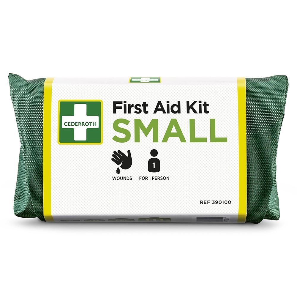 Groene EHBO-kit met wit label, Cederroth-logo en tekst 'First Aid Kit SMALL'.