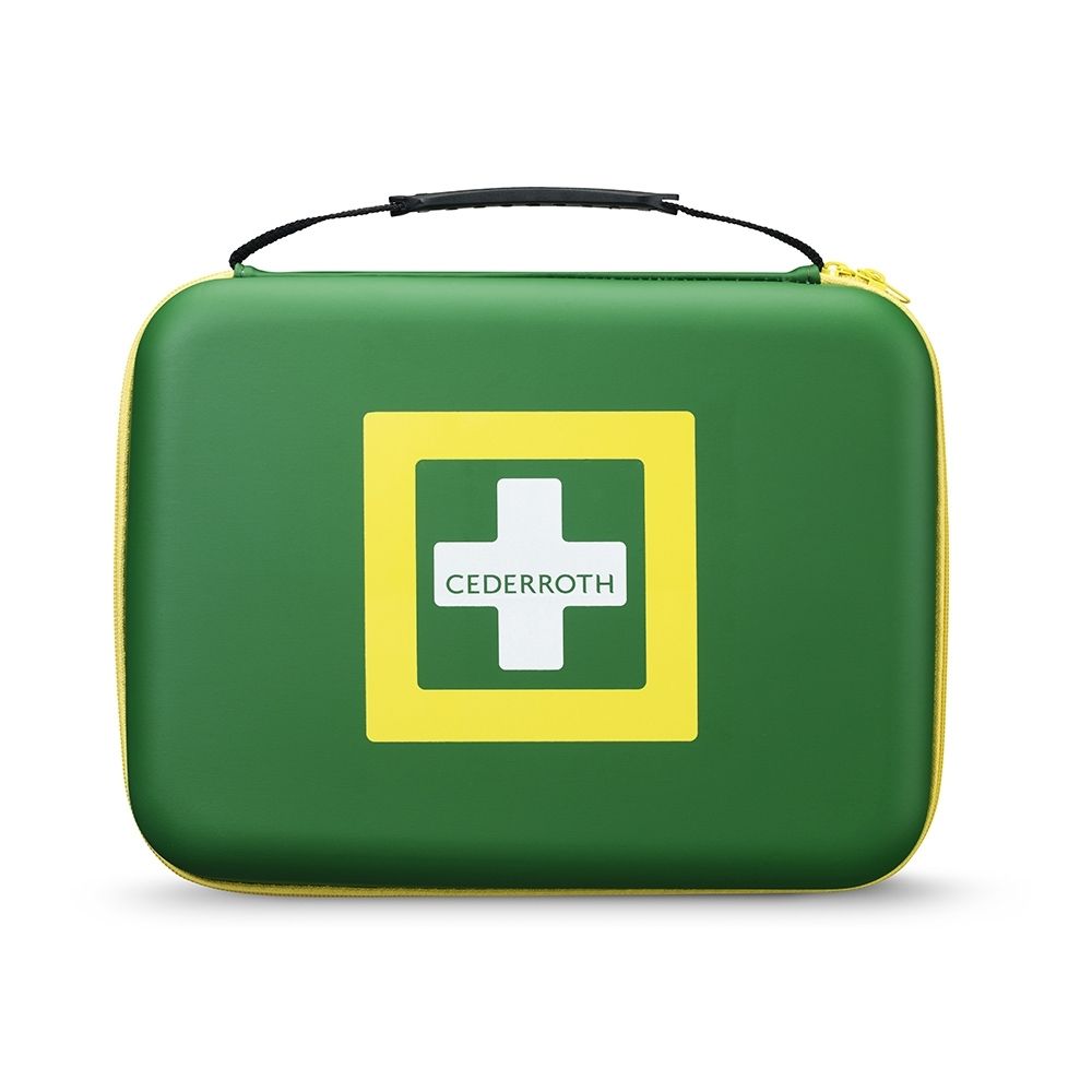 Gesloten groene EHBO-koffer met gele accenten en wit label met "First Aid Kit LARGE".