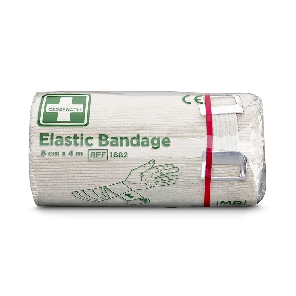 Bande élastique, 8 cm x 4 m, avec logo Cederroth et illustration de main.
