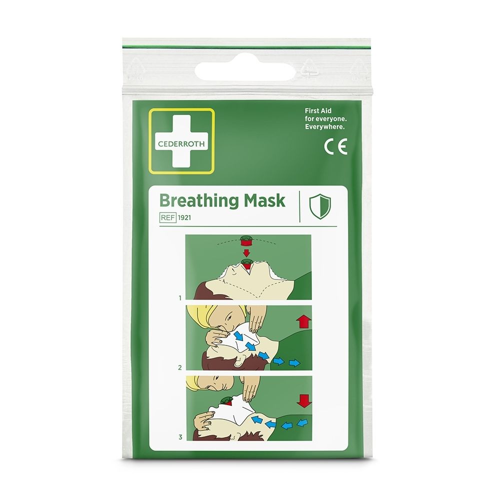 Avant d'un emballage de masque respiratoire Cederroth avec marquage CE et instructions d'utilisation.