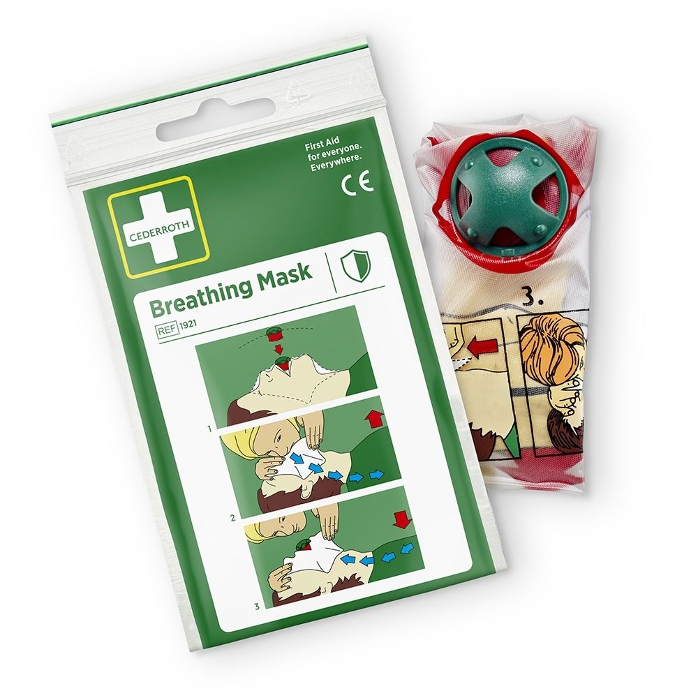 Avant d'un emballage de masque respiratoire Cederroth avec marquage CE et instructions d'utilisation.