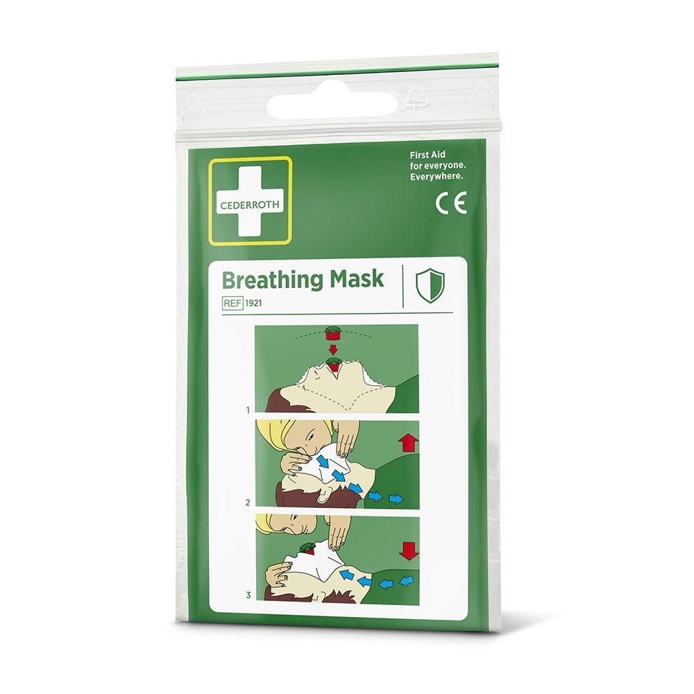 Cederroth ademhalingsmasker verpakking en verwijderd masker element met ventiel, CE-markering.