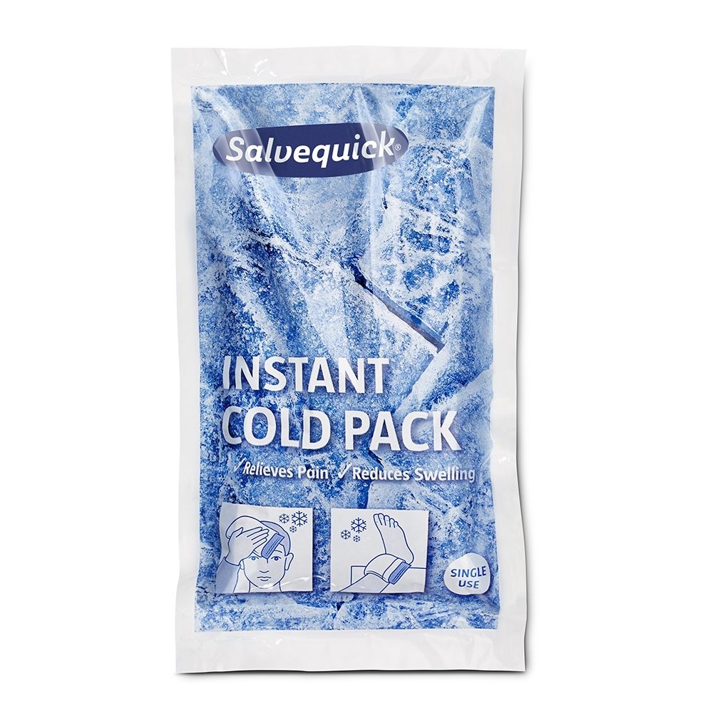 Salvequick Instant Cold Pack : sachet rempli de cristaux bleus, inscription "Instant Cold Pack".