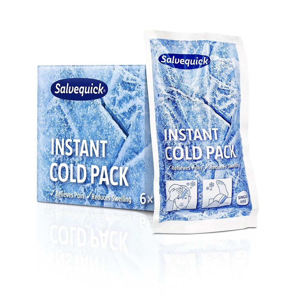 Salvequick Instant Cold Pack : sachet rempli de cristaux bleus, inscription "Instant Cold Pack".