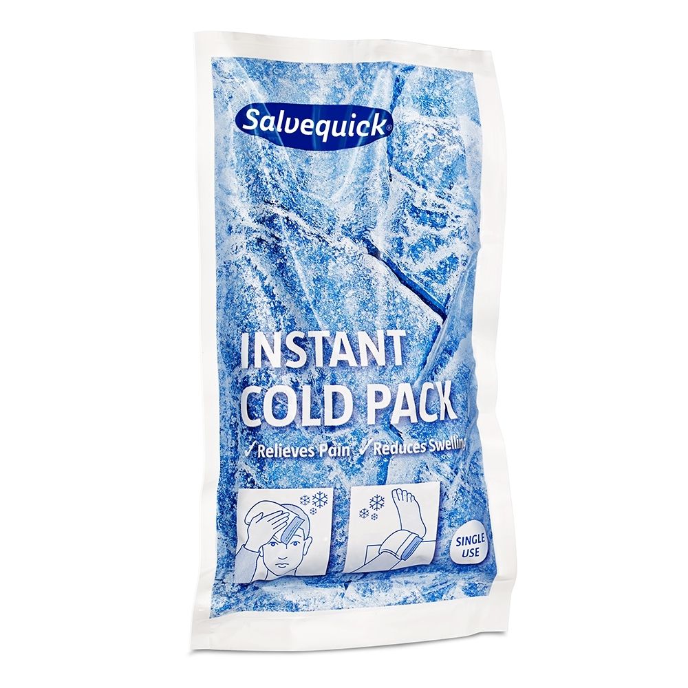 Salvequick Instant Cold Pack : sachet rempli de cristaux bleus, inscription "Instant Cold Pack".