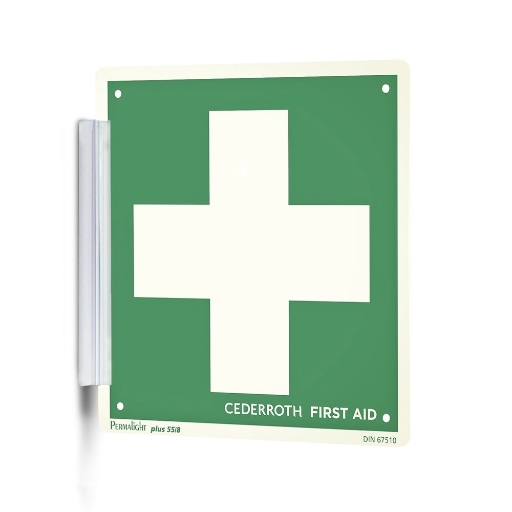 Groen EHBO-bord met wit kruis, Cederroth, DIN 67510.
