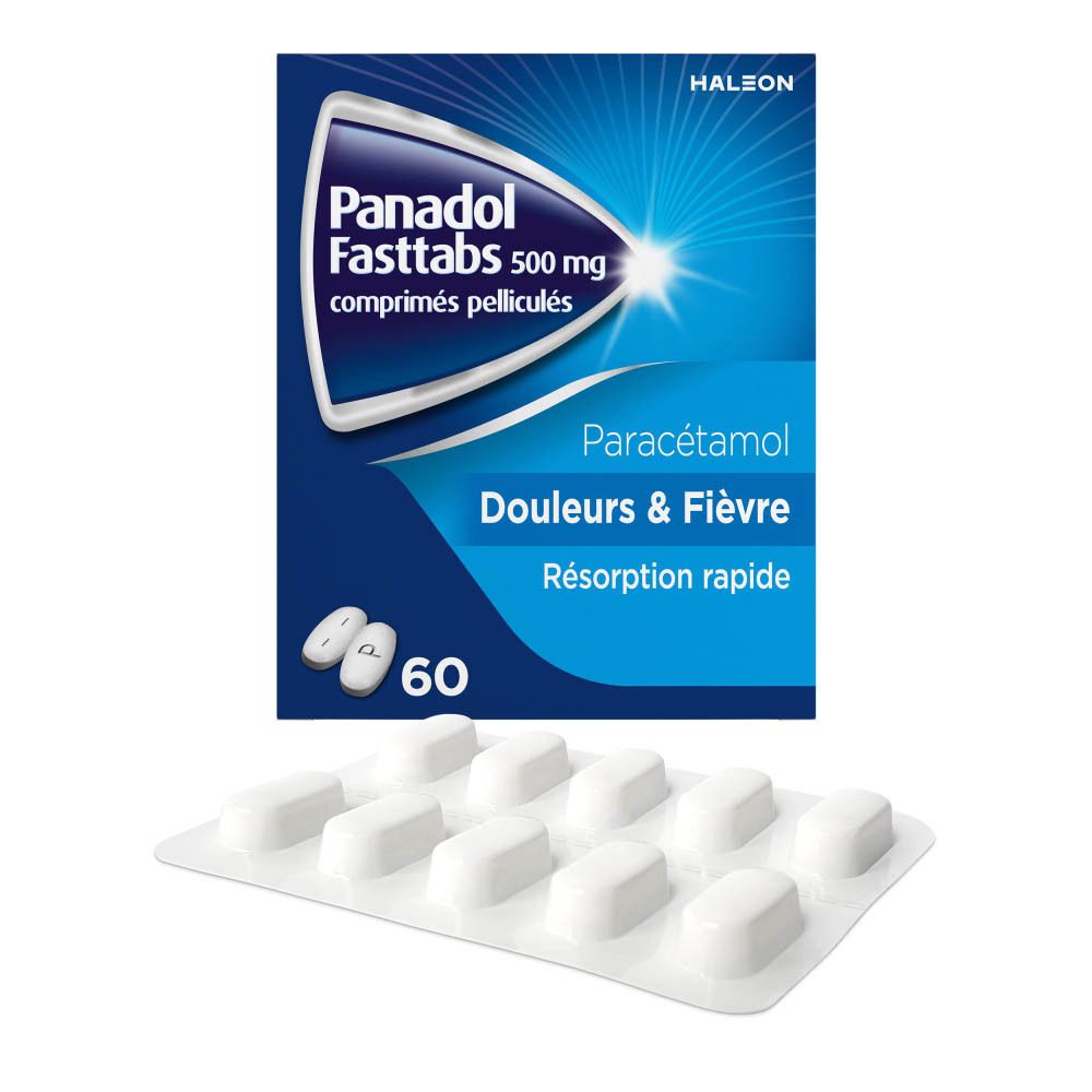 Boîte Panadol Fasttabs 500 mg, 60 comprimés, et un blister.
