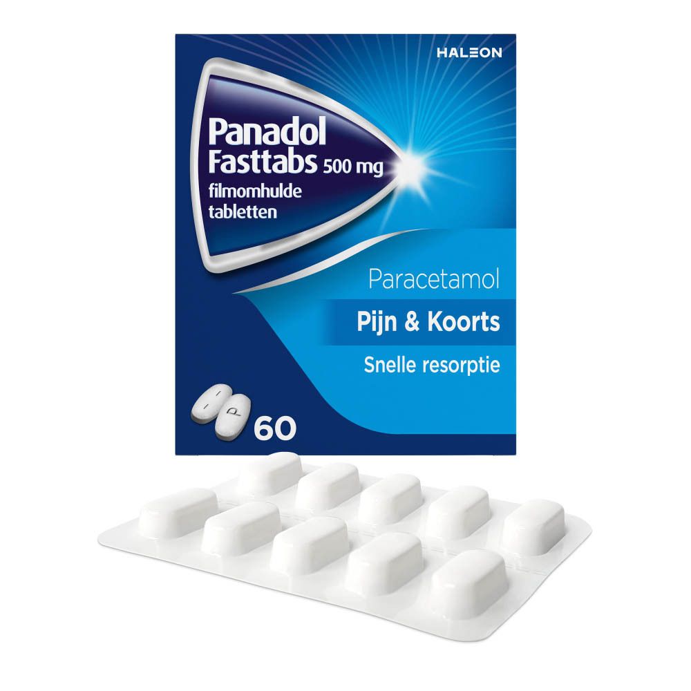 Doos Panadol Fasttabs 500 mg, 60 tabletten, en een blisterverpakking.