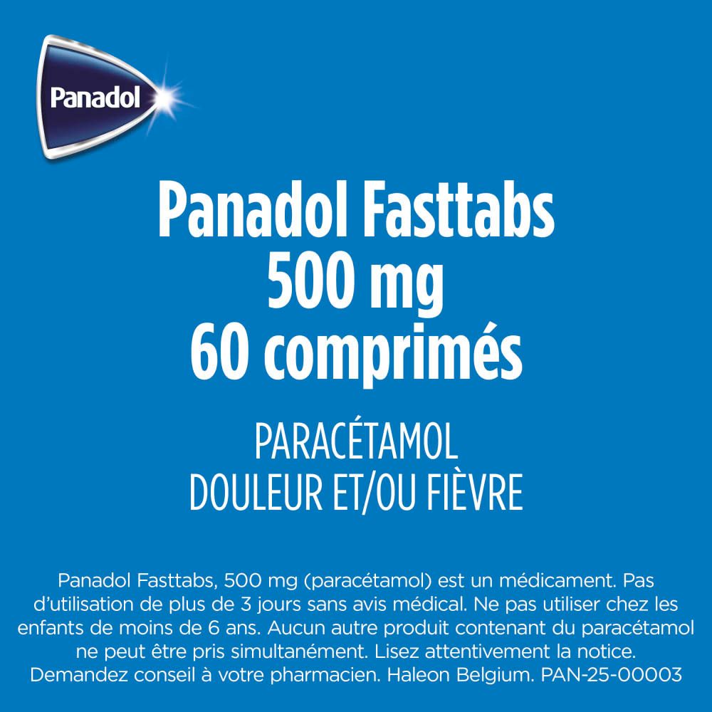 Face avant de la boîte Panadol Fasttabs 500 mg.