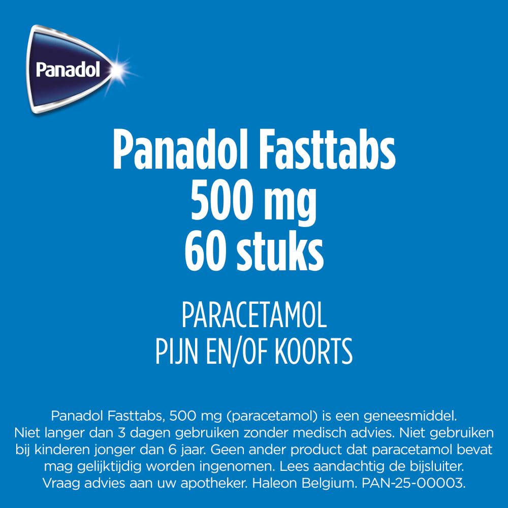 Voorkant van de Panadol Fasttabs 500 mg doos.