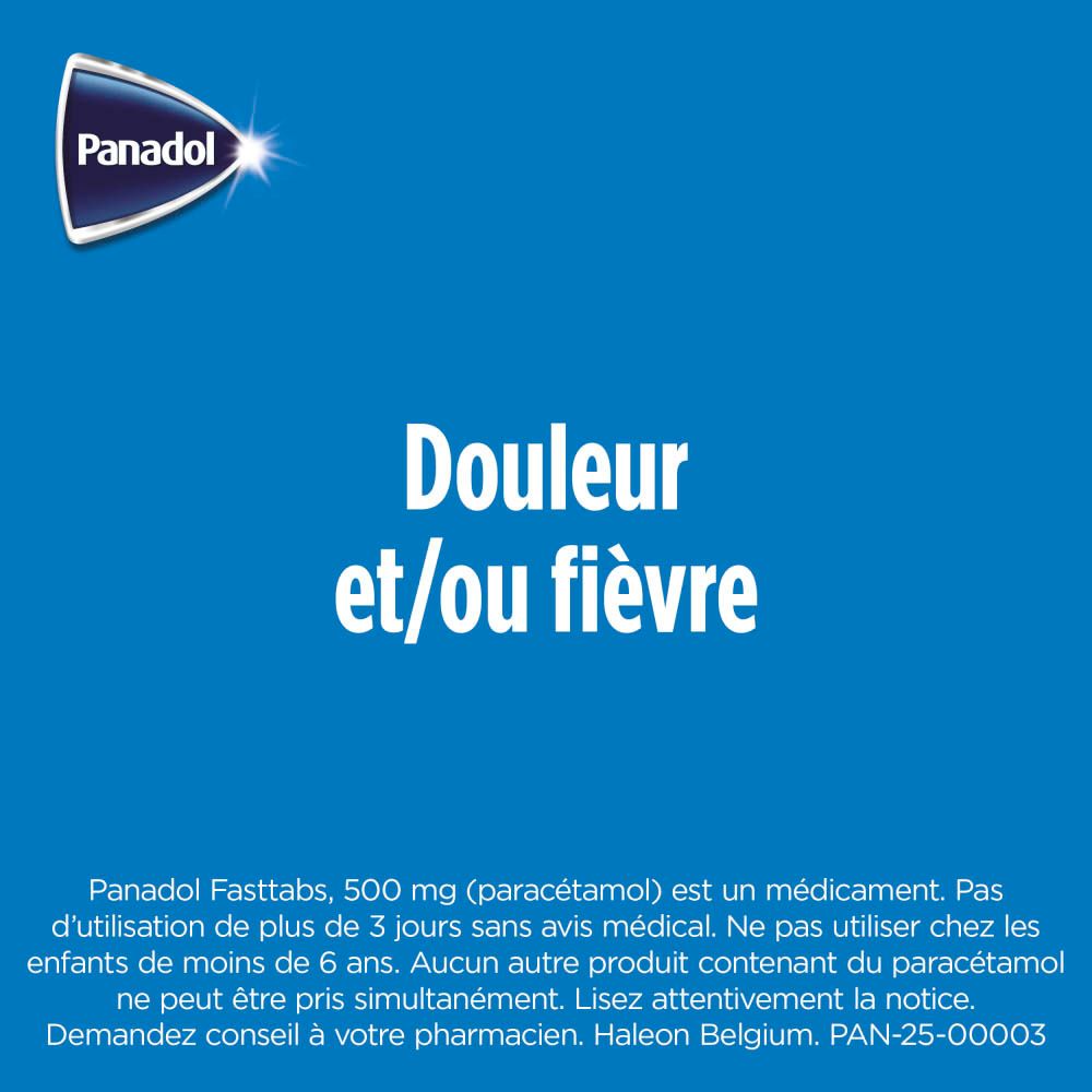 Arrière de la boîte Panadol Fasttabs 500 mg avec informations d'utilisation.
