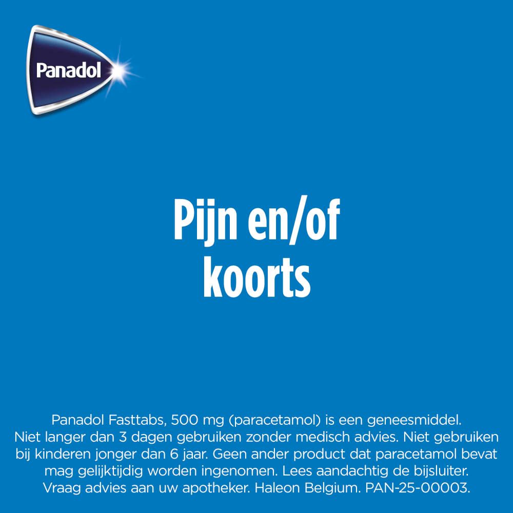 Achterkant van de Panadol Fasttabs 500 mg doos met gebruiksinstructies.