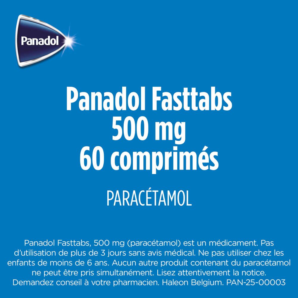 Côté de la boîte Panadol Fasttabs 500 mg avec informations sur la douleur et la fièvre.