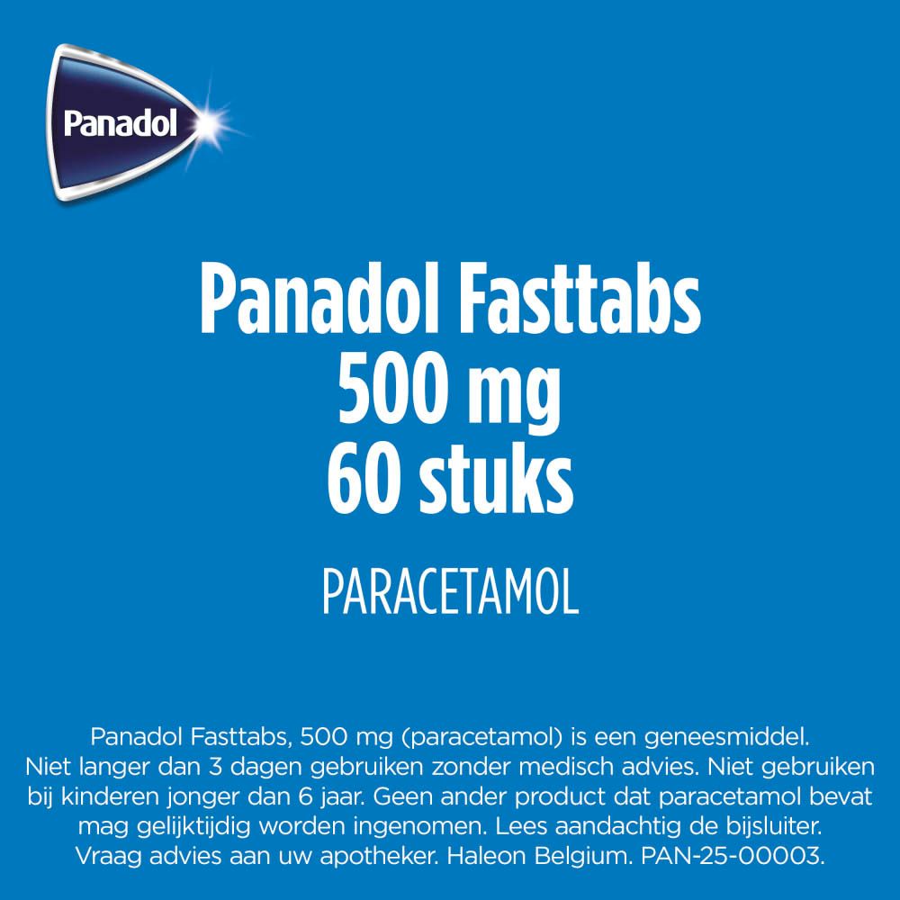 Zijkant van de Panadol Fasttabs 500 mg doos met informatie over pijn en koorts.