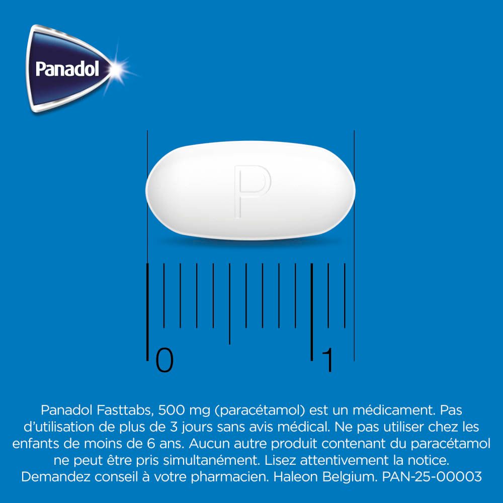 Boîte Panadol Fasttabs 500 mg, 60 comprimés, et un blister.