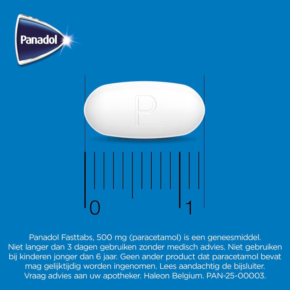 Doos Panadol Fasttabs 500 mg, 60 tabletten, en een blisterverpakking.