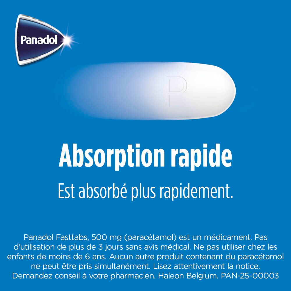 Boîte Panadol Fasttabs 500 mg, 60 comprimés, et un blister.