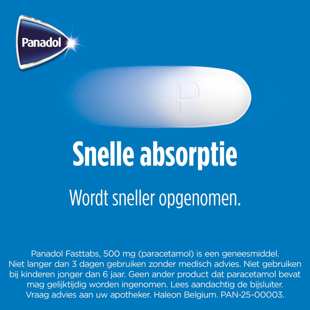 Doos Panadol Fasttabs 500 mg, 60 tabletten, en een blisterverpakking.