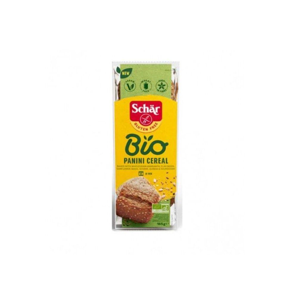 Verpakking van Schär Bio Panini Cereal. Gele voorkant met logo en tekst. Glutenvrij zegel. Zichtbare paninihelften.