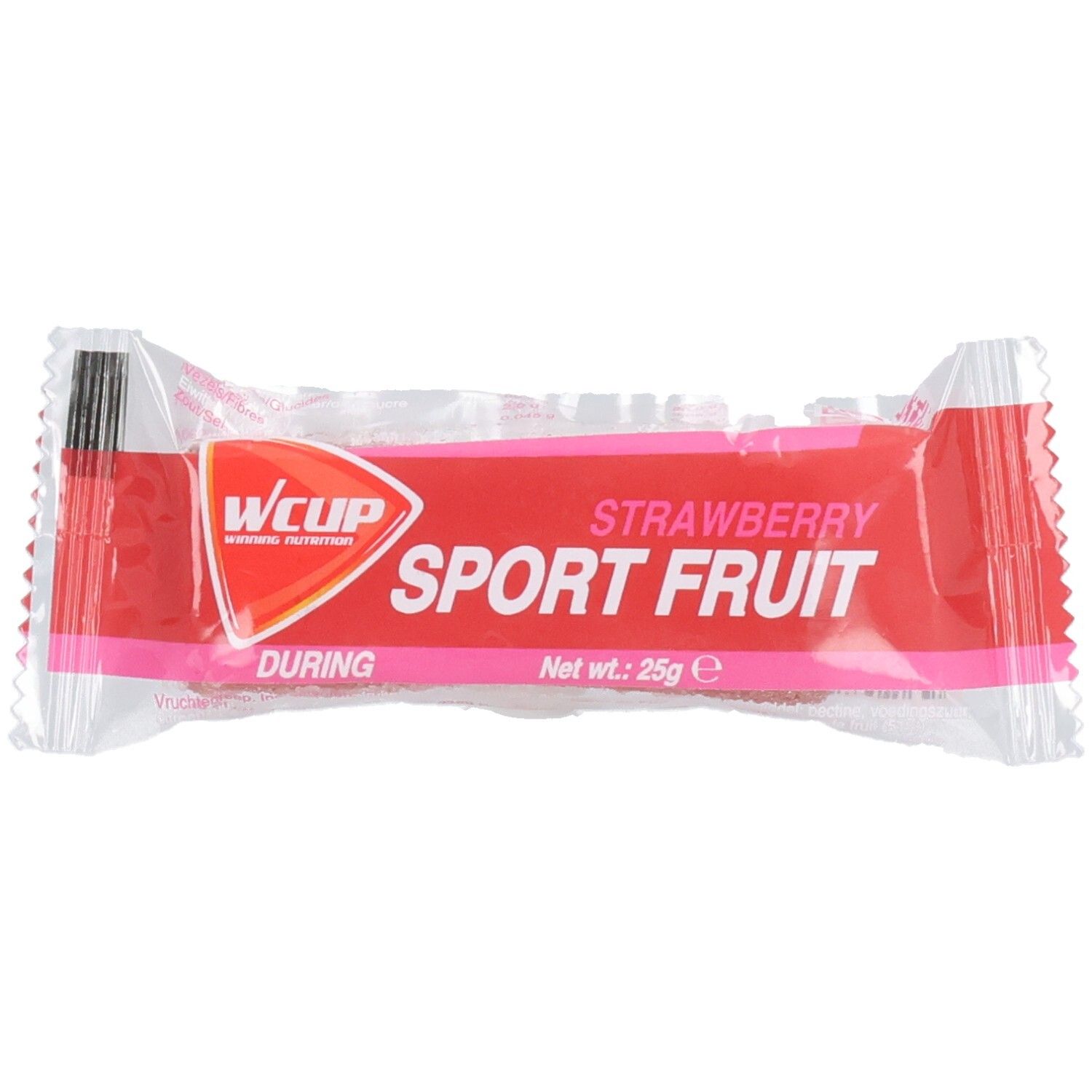Barre emballée rouge. Inscription: Wcup Sport Fruit Strawberry. Poids net: 25g.