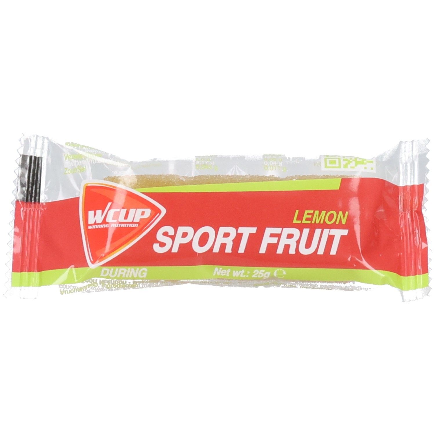 Verpakking met rood etiket. Opschrift: Wcup Sport Fruit Lemon. Netto: 25g. Transparant, langwerpig product zichtbaar.