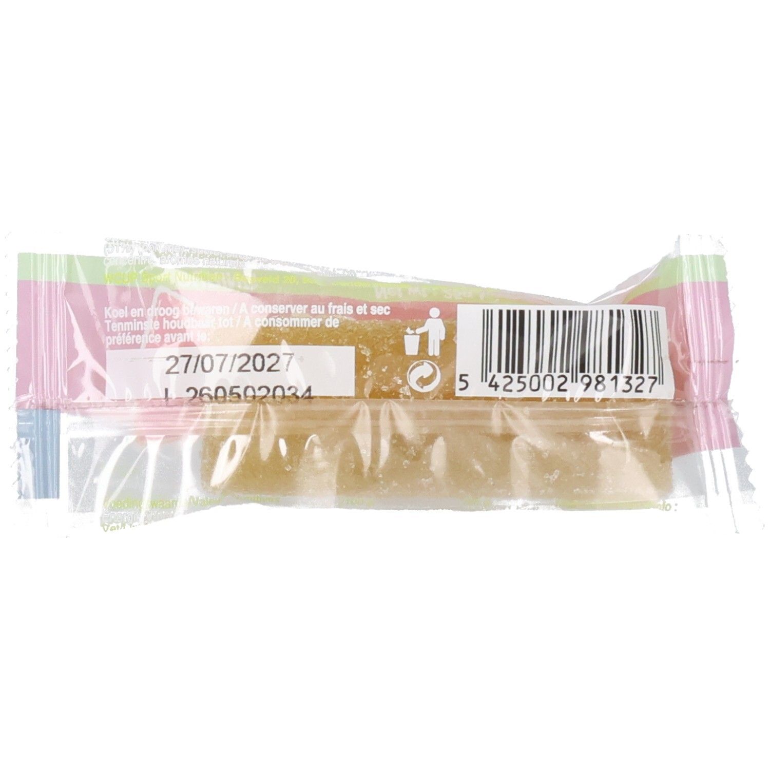 Transparante verpakking met product. Opdruk: houdbaarheidsdatum, barcode, tekst. Langwerpige vorm.