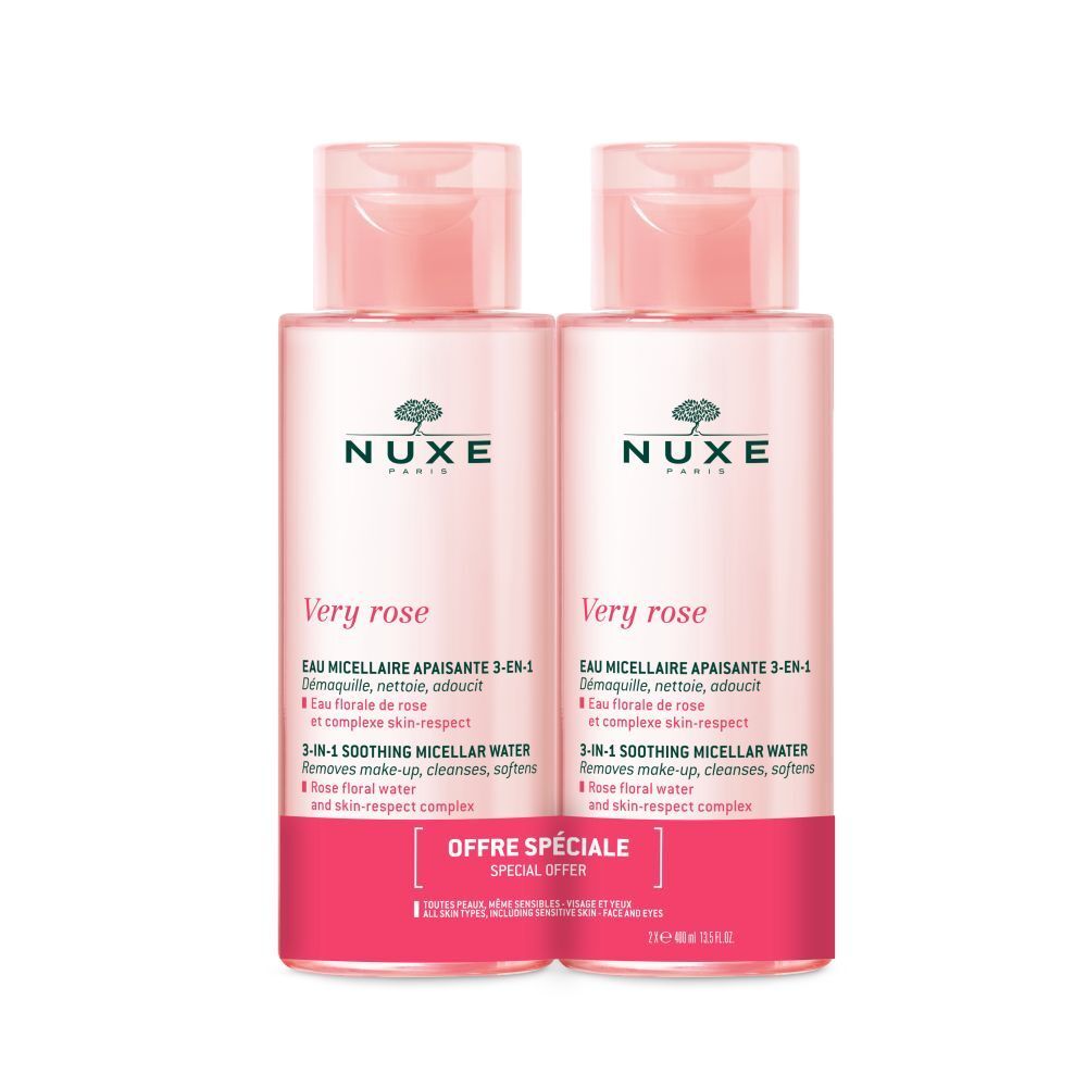 Twee flessen NUXE Very Rose micellair water. Roze flessen met roze doppen. Tekst: Very Rose, 3-in-1 micellair water. Speciale aanbieding.