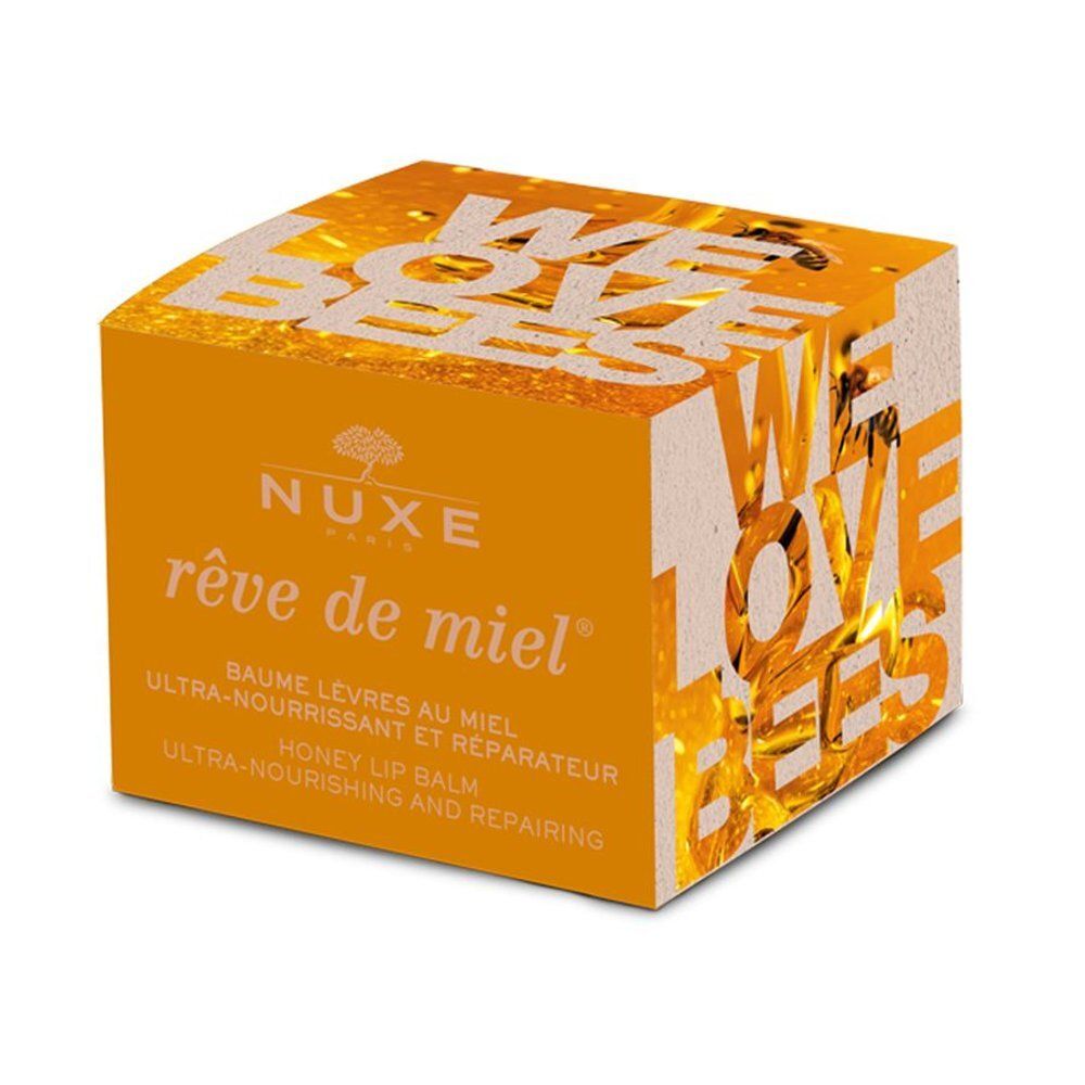 Nuxe Rêve de Miel Lippenbalsem verpakking met 'We Love Bees'.