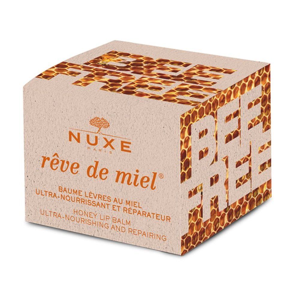 Nuxe Rêve de Miel lippenbalsem verpakking met honingraatpatroon en "Bee Free" tekst.