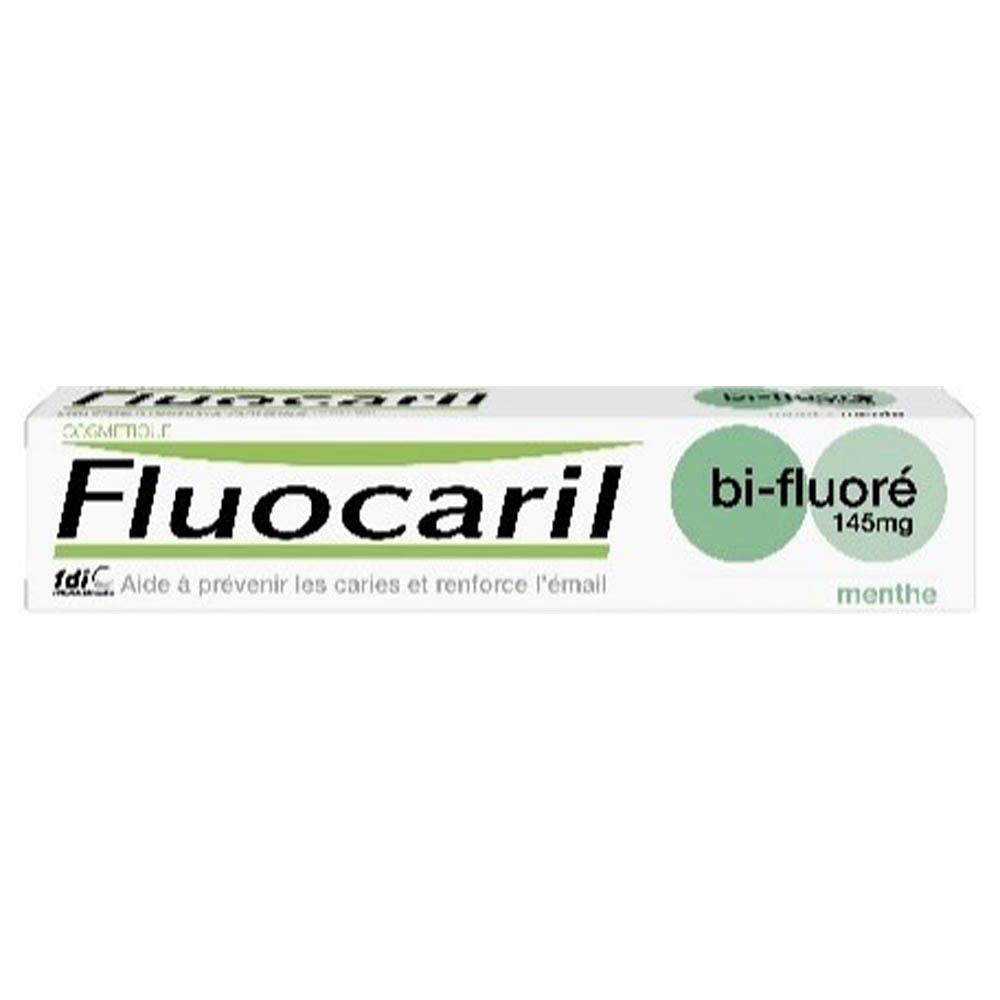 Tandpasta tube. Opschrift: Fluocaril, bi-fluoré 145mg, mint. Met fdi-logo.