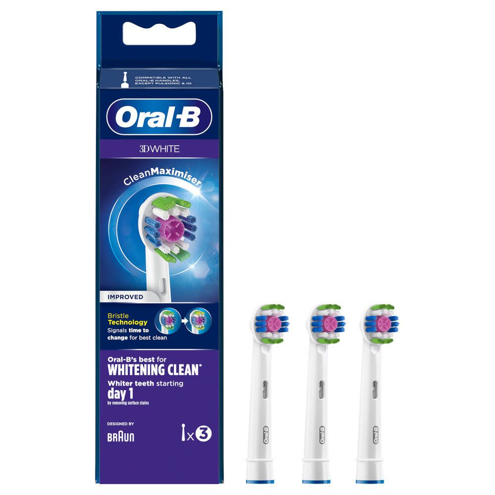 Tandenborstelkoppen met verpakking. Oral-B 3D White, 3 stuks. Blauwe verpakking met productafbeelding en tekst.