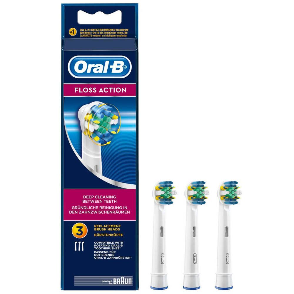 Oral-B Floss Action opzetborstels, 3 stuks. Blauwe verpakking met productafbeelding en tekst. Compatibel met elektrische tandenborstels.