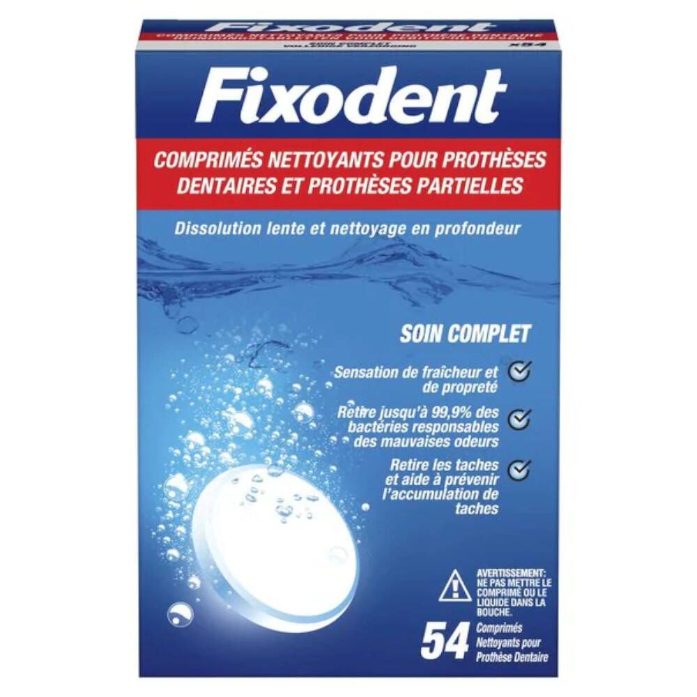 Verpakking met reinigingstabletten. Blauwe verpakking met naam en info. Eén tablet zichtbaar.