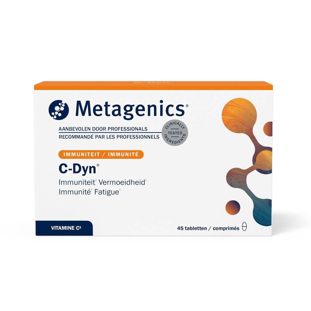 Oranje doos met C-Dyn logo en tekst. Bevat 45 vitamine C tabletten. Met Metagenics logo.