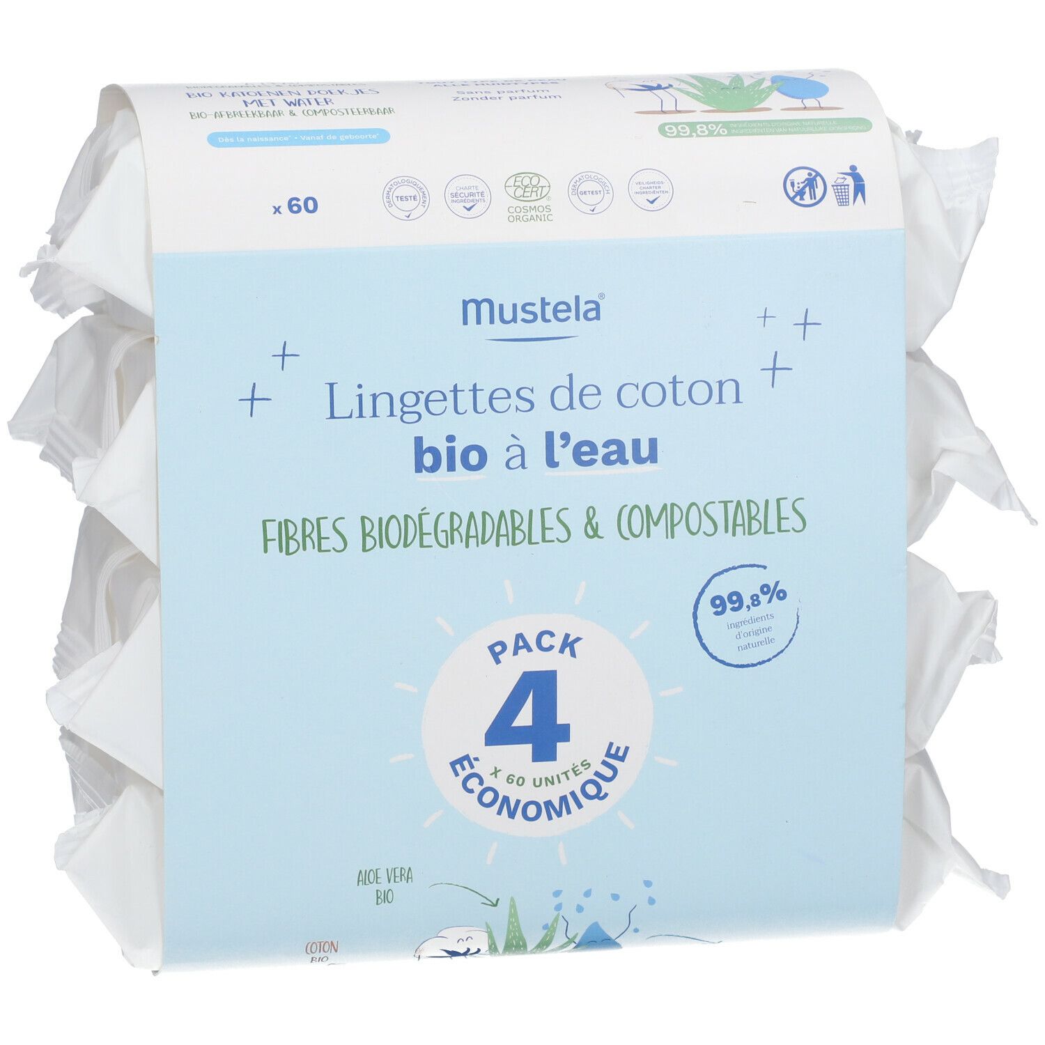 Mustela Lingettes de Coton BIO à l'Eau