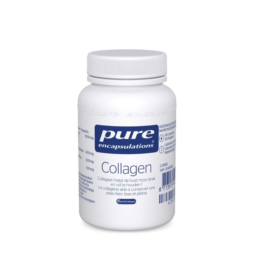 Witte fles met capsules. Opschrift: pure encapsulations, Collageen, 60 capsules.