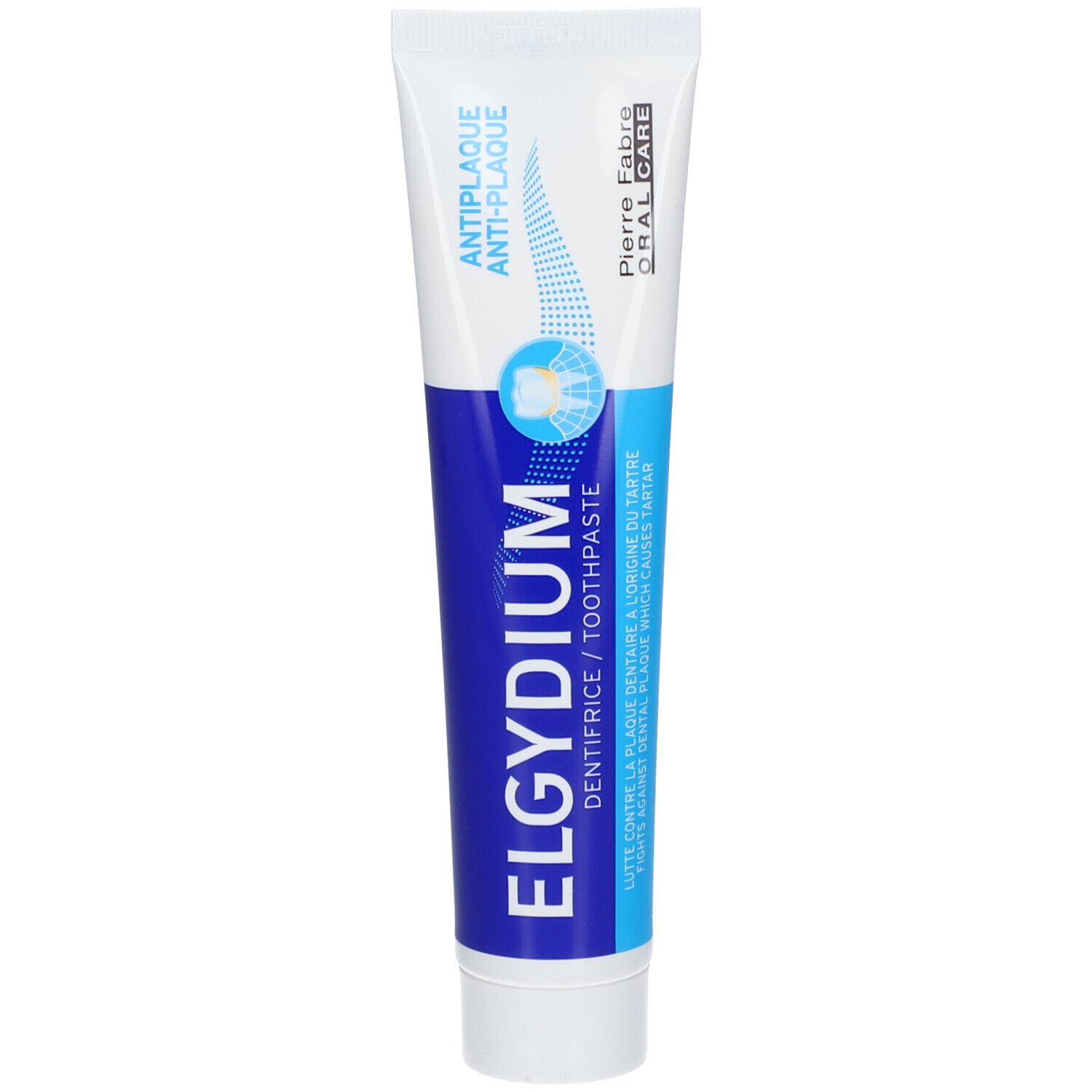 Tube de dentifrice Elgydium, blanc et bleu, formule anti-plaque.