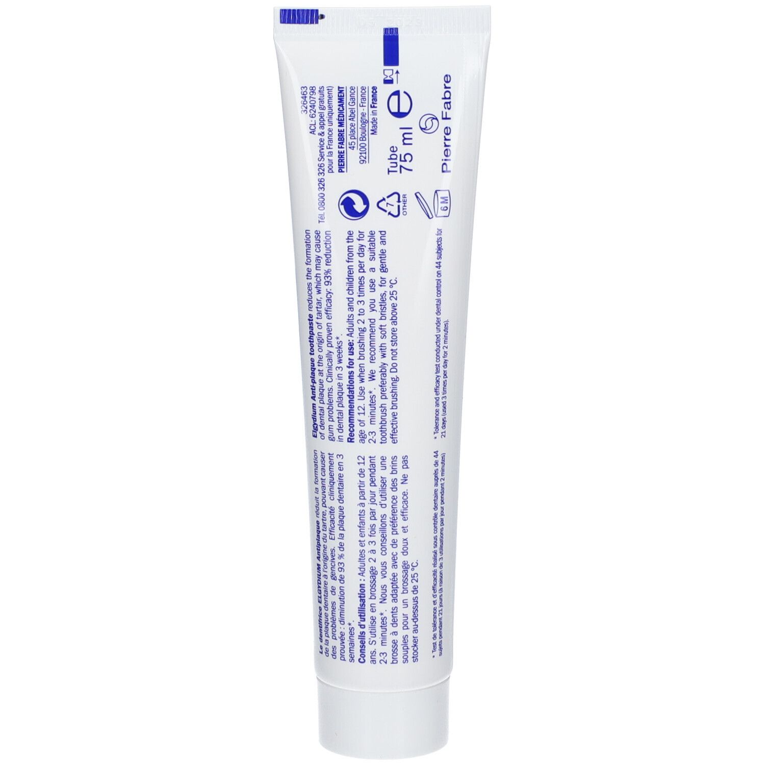 Arrière du tube de dentifrice Elgydium avec instructions et ingrédients.