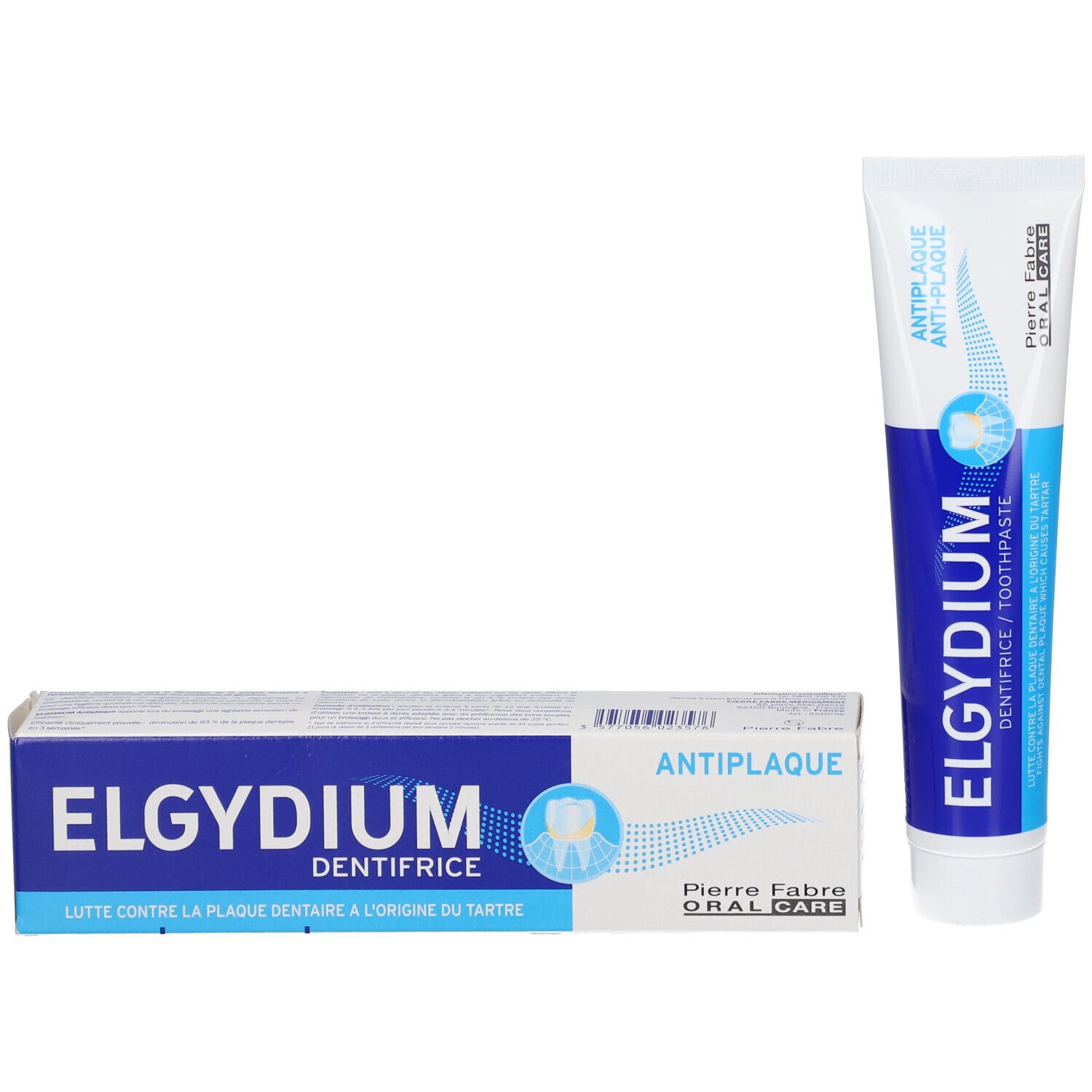 Tube et boîte de dentifrice Elgydium, blanc et bleu.