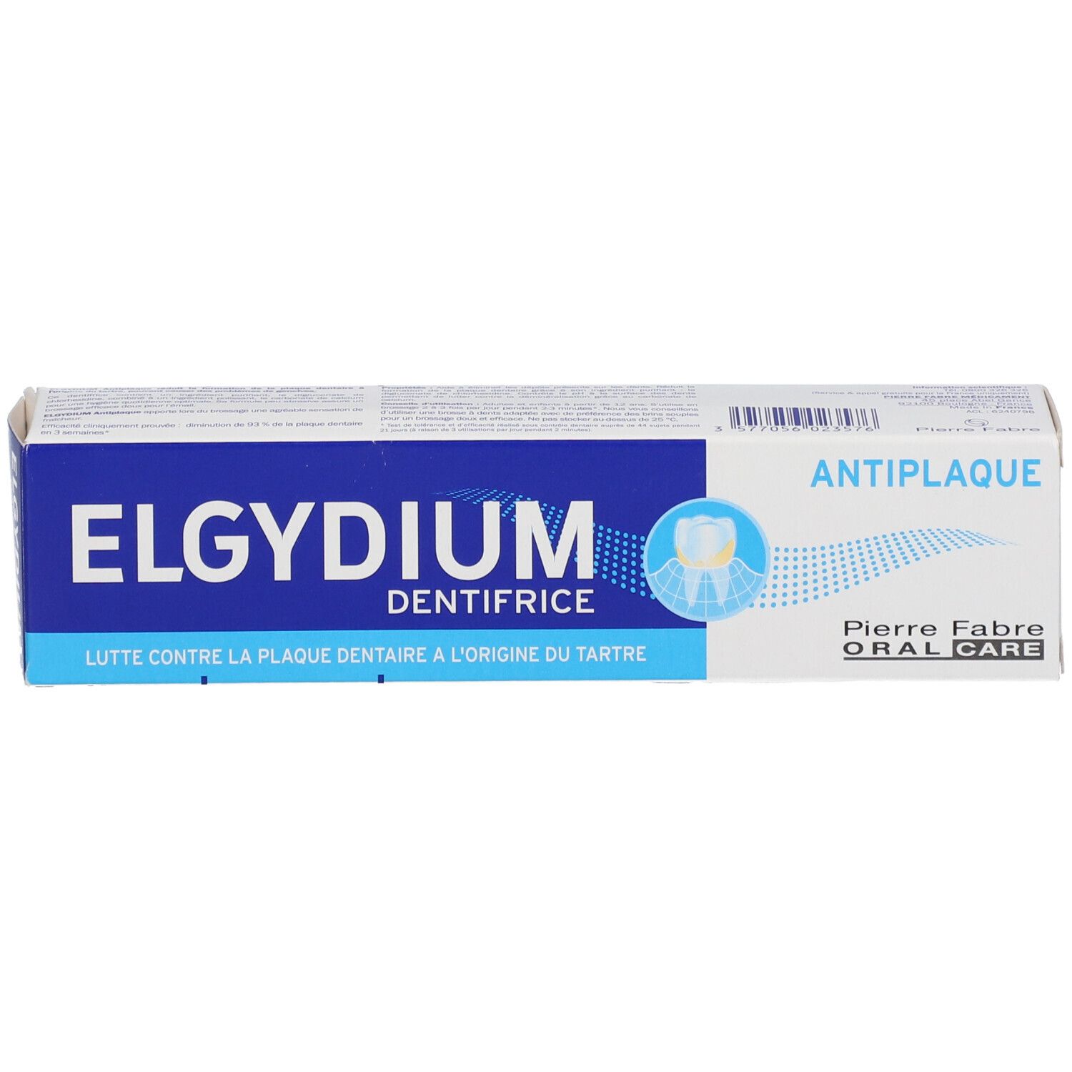 Boîte de dentifrice Elgydium, blanc et bleu, avec inscription Anti-Plaque.