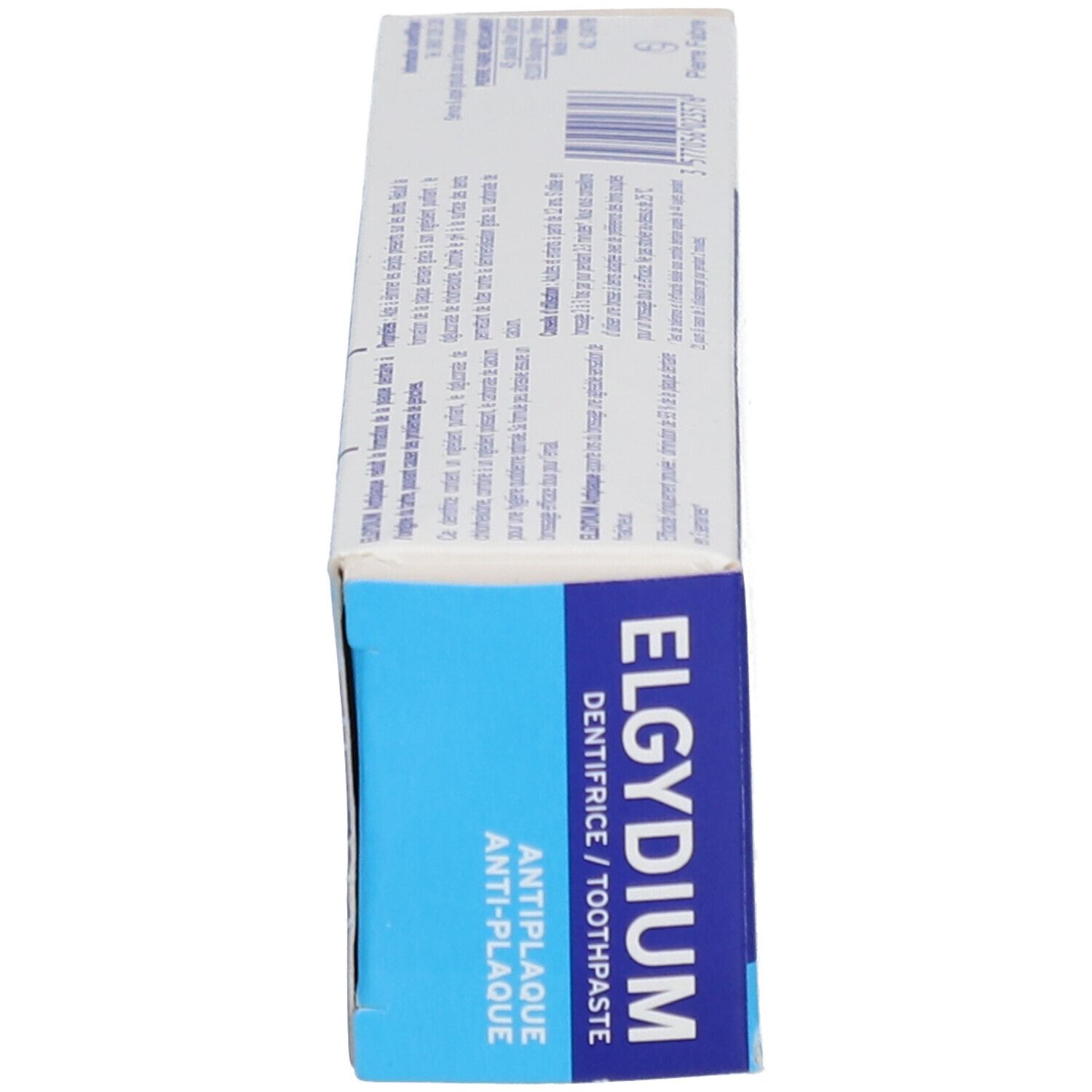 Vue latérale de la boîte de dentifrice Elgydium, bleue et blanche.