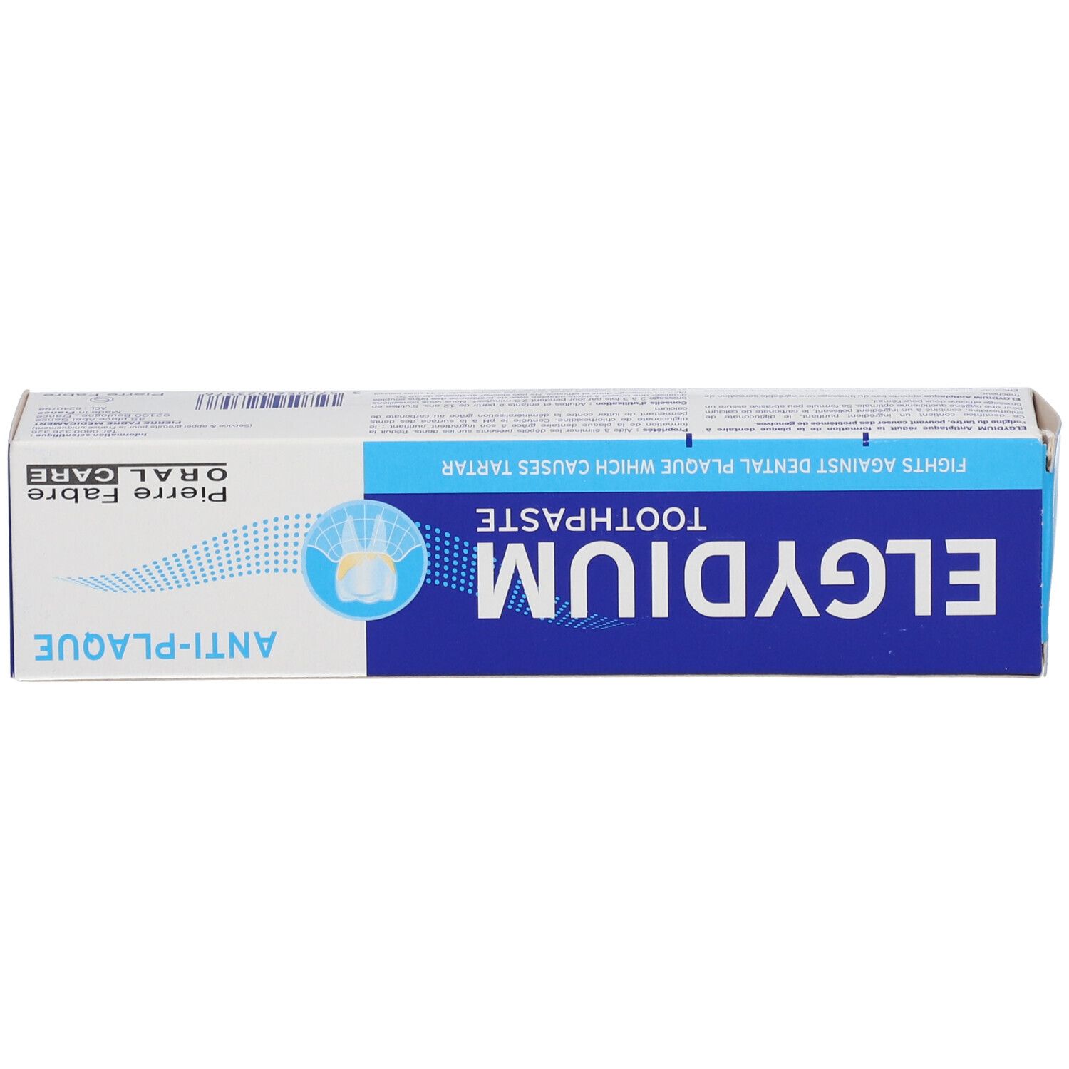Boîte de dentifrice Elgydium, blanc et bleu, avec inscription Anti-Plaque.