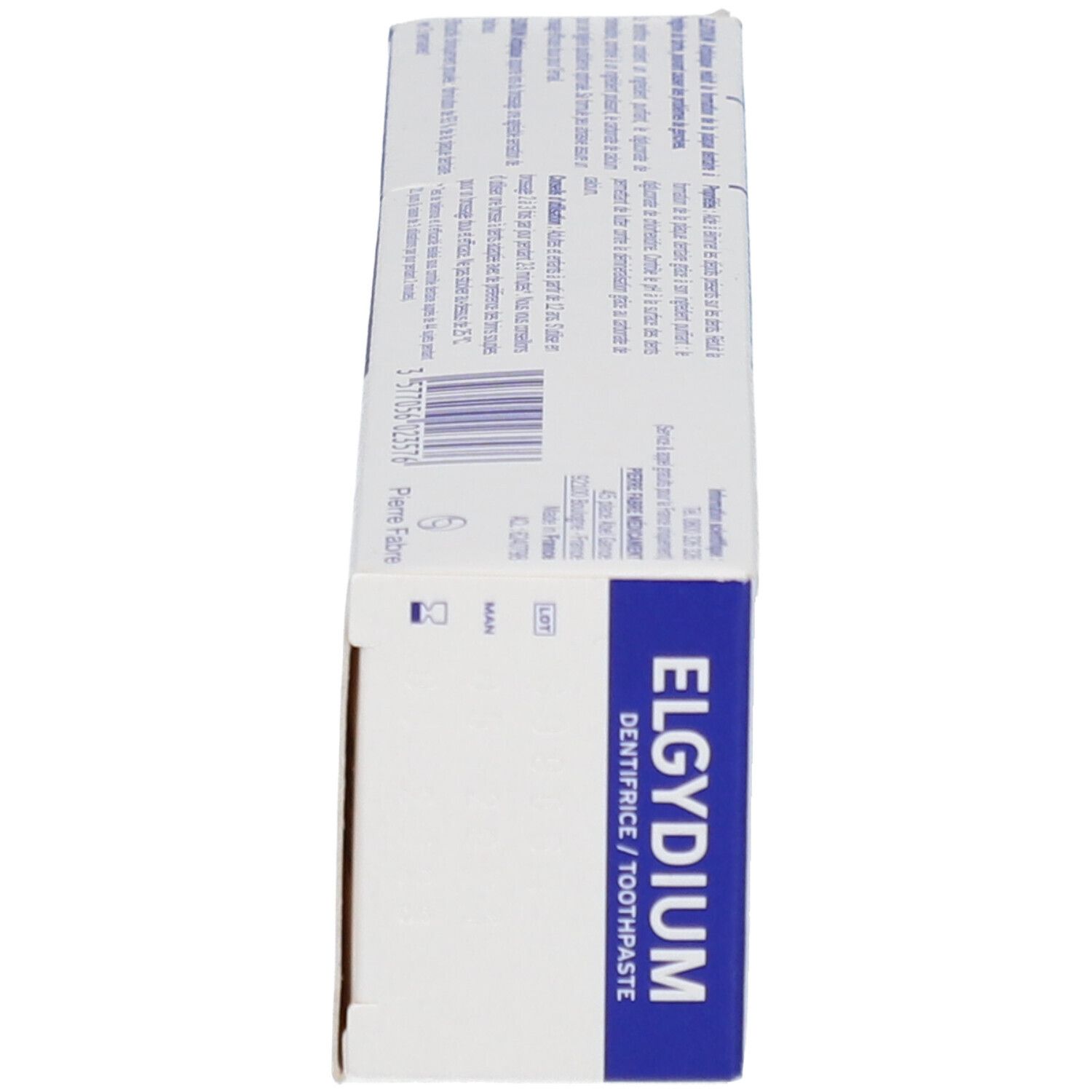 Vue latérale de la boîte de dentifrice Elgydium, bleue et blanche.