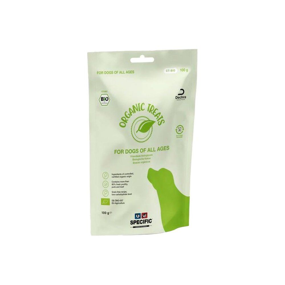 Sachet de friandises biologiques pour chiens. Emballage vert et blanc avec logo et label bio. Marque Specific.