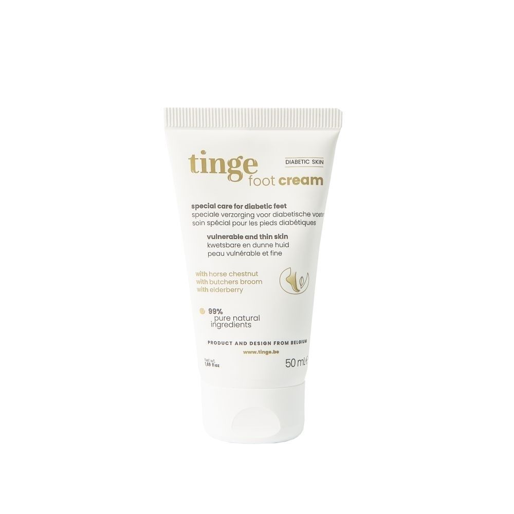 Tube de crème pour pieds Tinge, 50ml, pour peaux diabétiques.