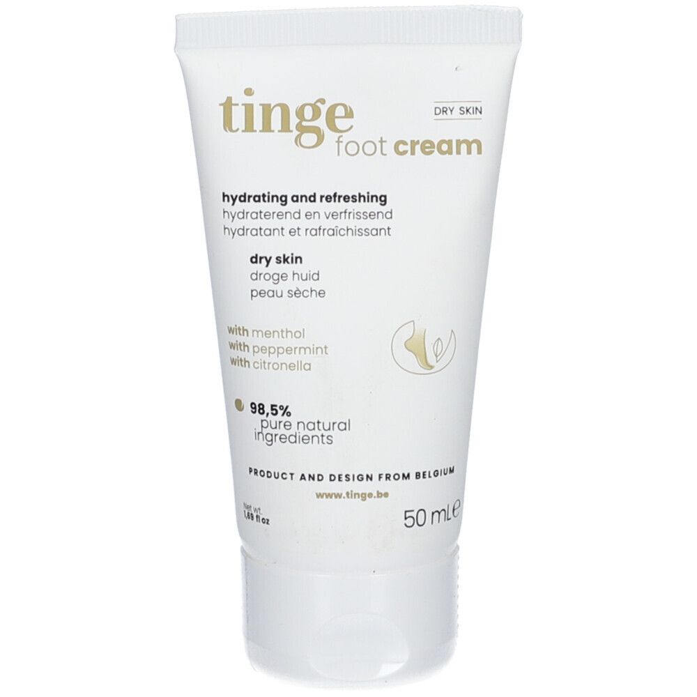 Witte tube Tinges voetcrème, 50ml. Voor droge huid, met menthol, pepermunt en citroenella.