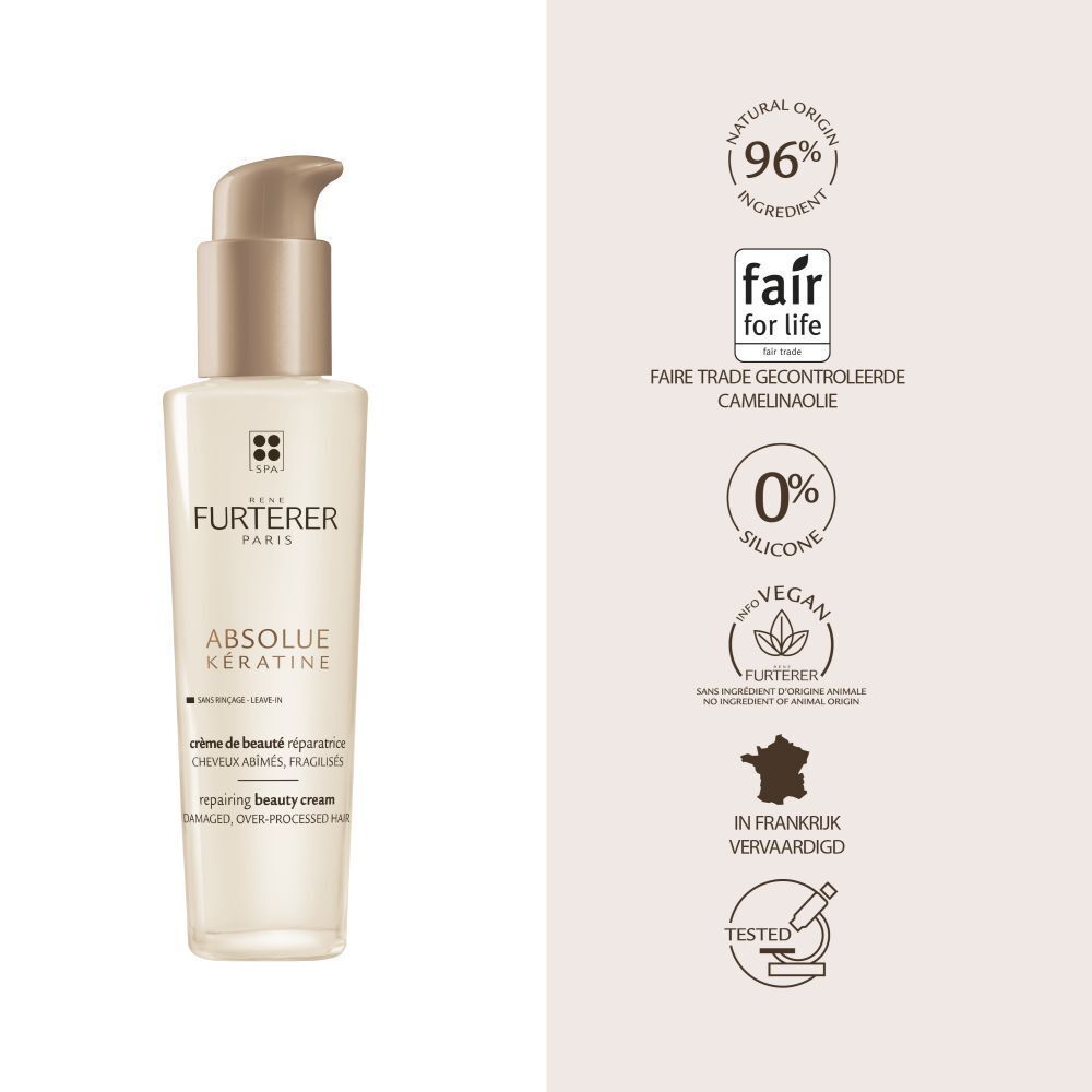 Product en verpakking. Merk: René Furterer. Absolue Kératine. Crème voor beschadigd haar.
